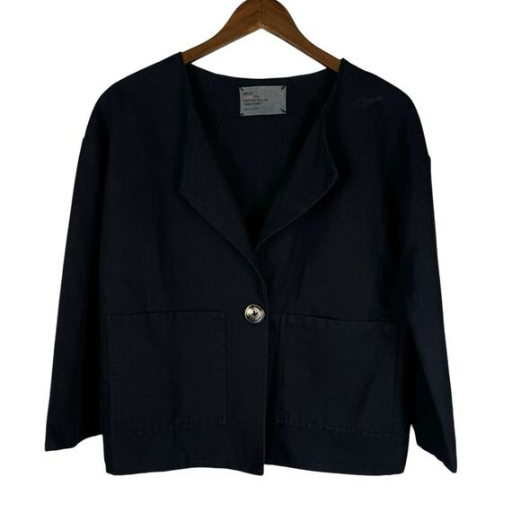 Leon & Harper Black Linen Cotton Blend Collarless Relaxed Boxy Blazer Jacket - Picture 8 of 11